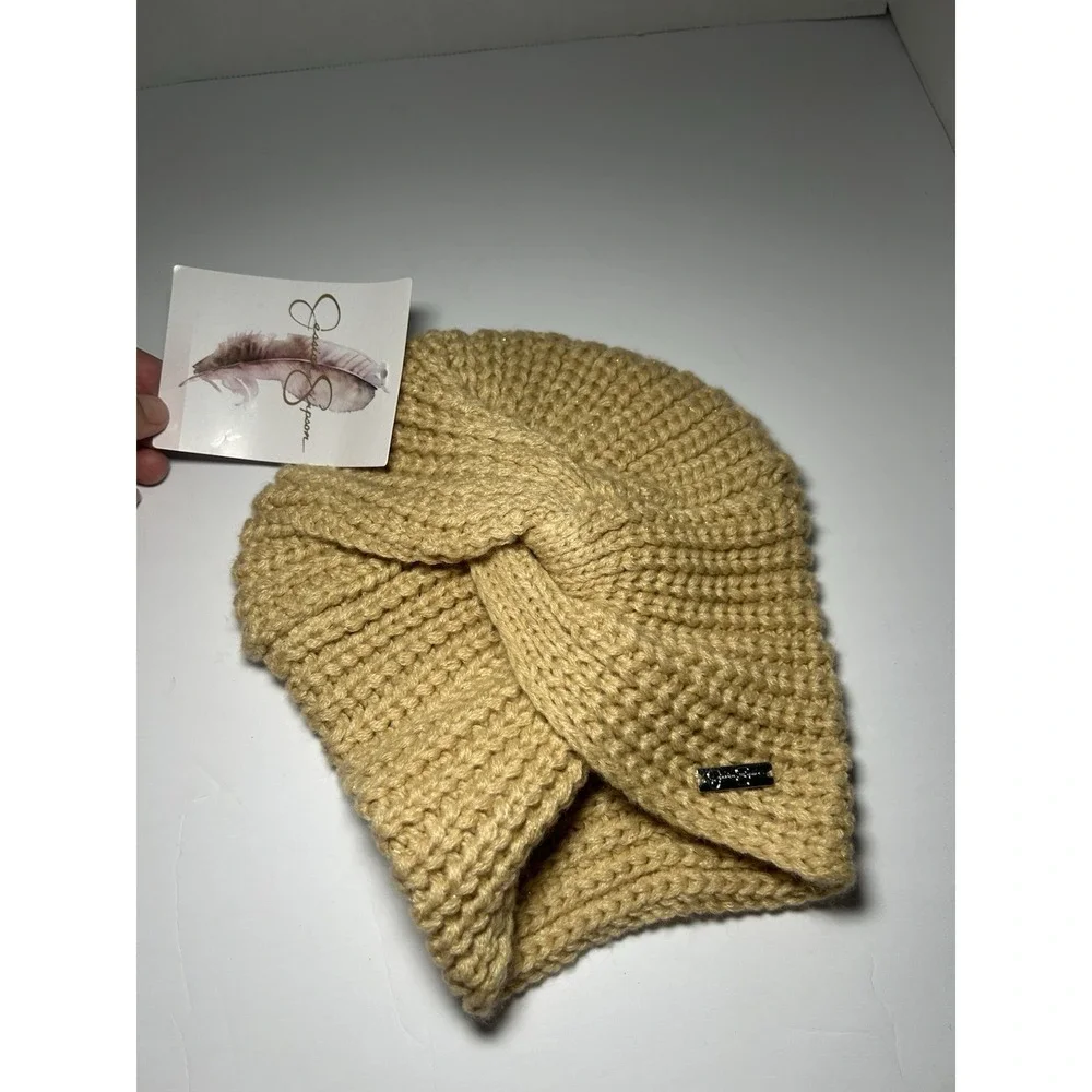 Jessica Simpson Beanie Turban Knit Hat Womens OS Tan Ruched Cap NWT NEW MSRP $30